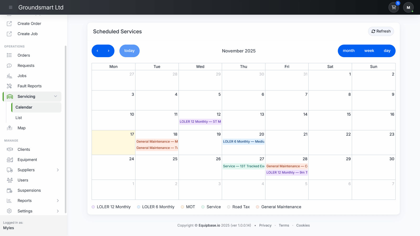 Equipbase servicing calendar